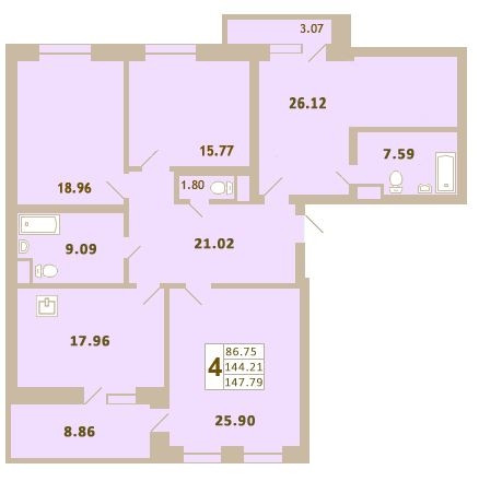 Четырёхкомнатная квартира 147.84 м²