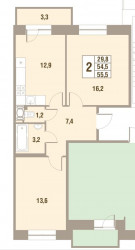 Двухкомнатная квартира 55.5 м²