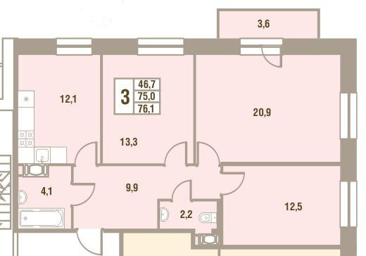 Трёхкомнатная квартира 76.1 м²
