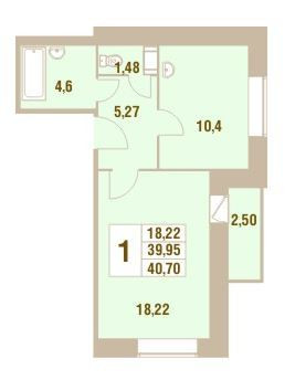 Однокомнатная квартира 40.7 м²