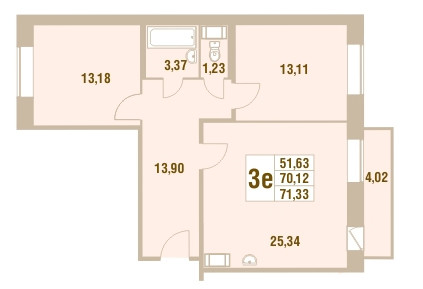 Трёхкомнатная квартира 71.33 м²