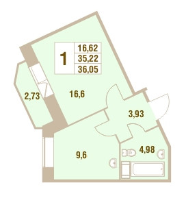 Однокомнатная квартира 36.05 м²