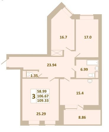 Трёхкомнатная квартира 109.33 м²