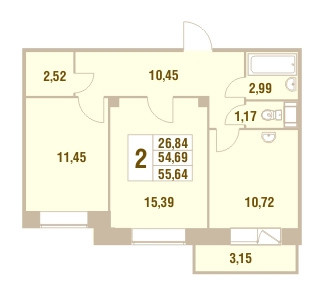 Двухкомнатная квартира 55.64 м²