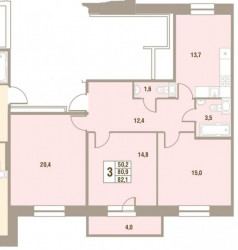 Трёхкомнатная квартира 82.1 м²