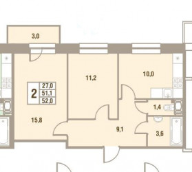 Двухкомнатная квартира 52 м²