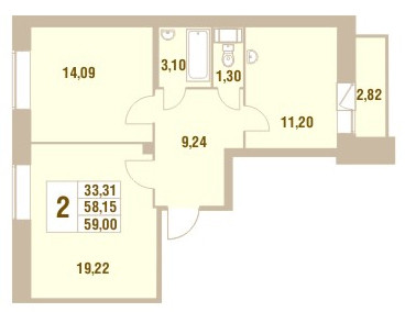 Двухкомнатная квартира 59 м²