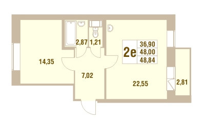 Двухкомнатная квартира 48.84 м²